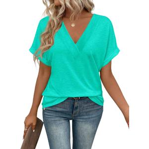 EyMuse Womens Tshirts V Neck Short Sleeve Tee Solid Color Blouse Loose Fit 2026 Summer Casual Tops Aqua, M