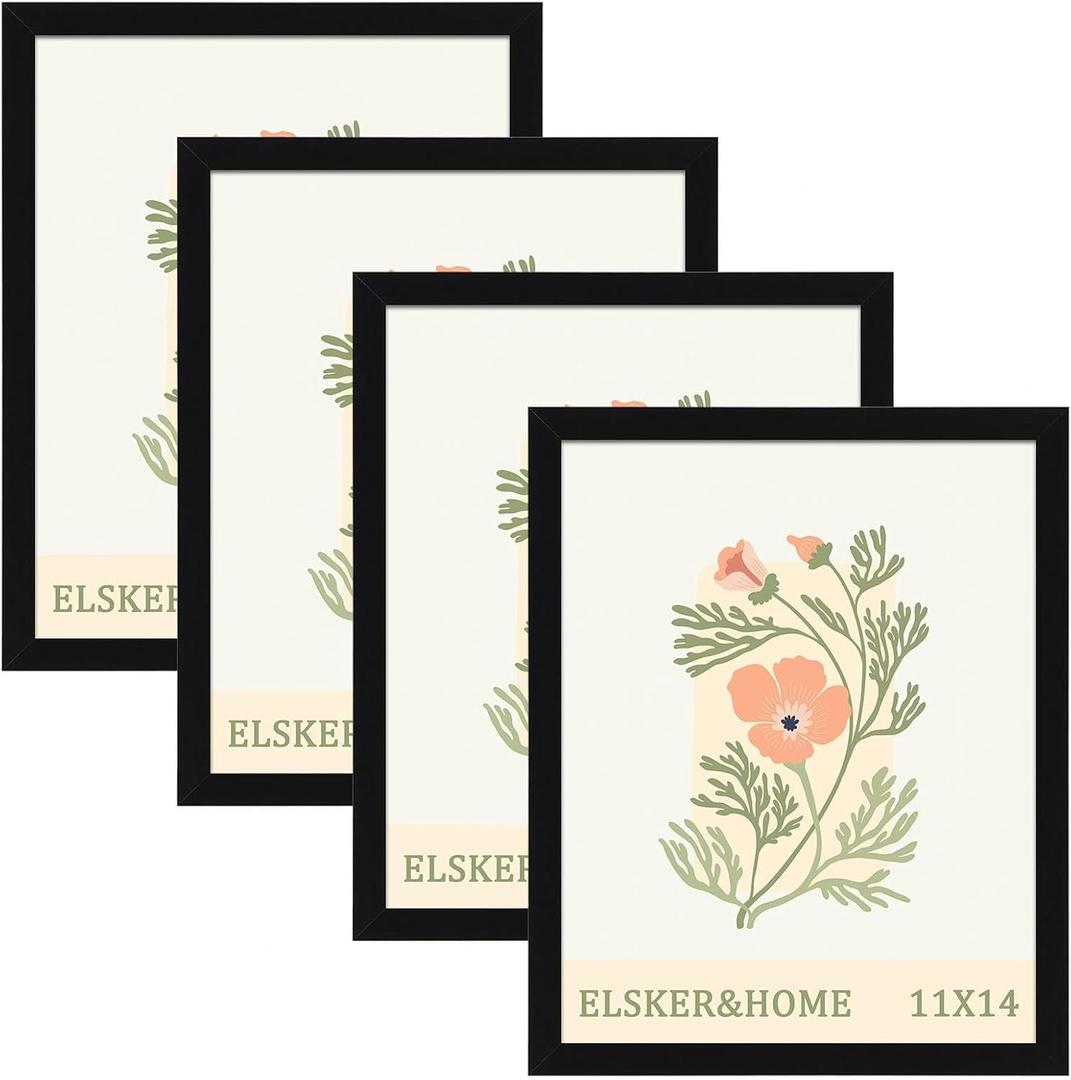 ELSKER&HOME 11x14 Picture Frame Set of 4, Black Sturdy Wood Composite Photo Frame with Semi-Tempered Glass, Wall Mount or Tabletop Display