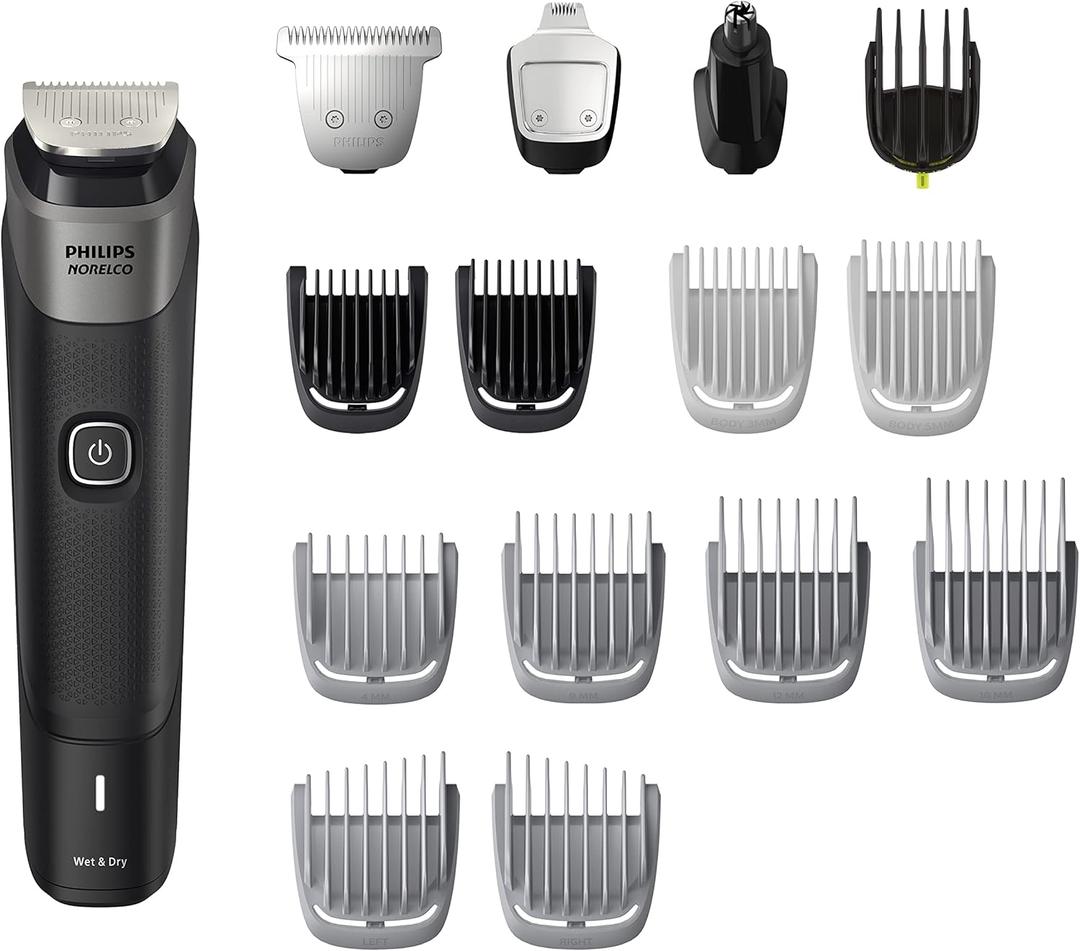 Philips Norelco Multigroom 5000 Series, All-in-One Trimmer and Hair Clipper, 18-Piece Men's Grooming Kit for Beard, Face, Hair, Body and Intimate Areas, No Blade Oil Needed, Model MG5910/49 (Black)