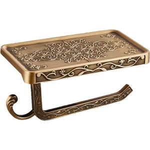 Vintage Carved Floral Toilet Paper Holder with Shelf - Antique Brass Finish Aluminum Bathroom Organizer, Wall Mounted Decorative Roll Holder for Bathroom/Vanity (7.24" Phone Shelf)
