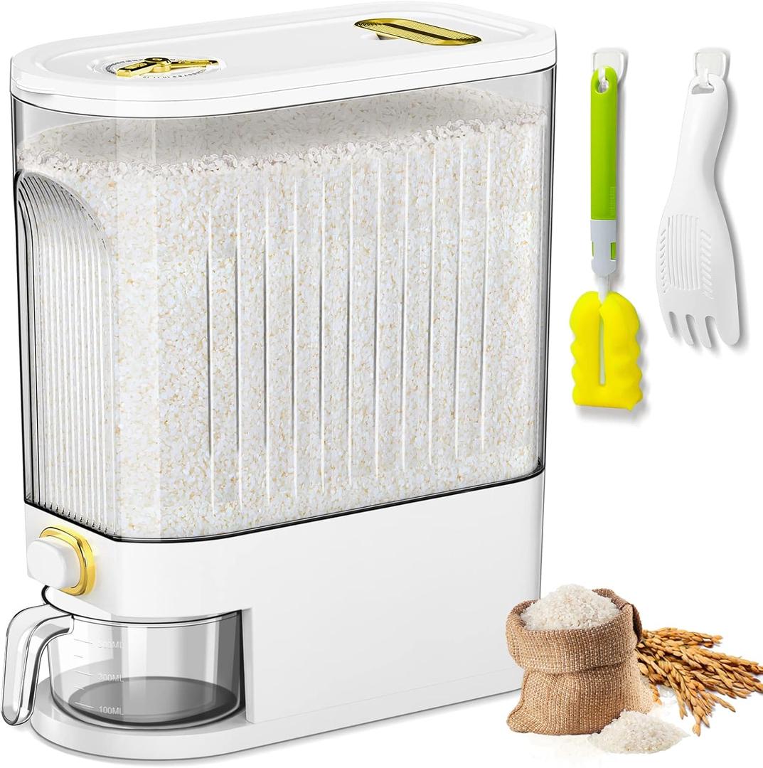 Lenwi 22 Lbs Rice Dispenser, Large Dry Food Storage Container with Measuring Cup & Time Scale, Food Dispenser Kitchen Organization and Pantry Store for Cereal Dry Food (White)