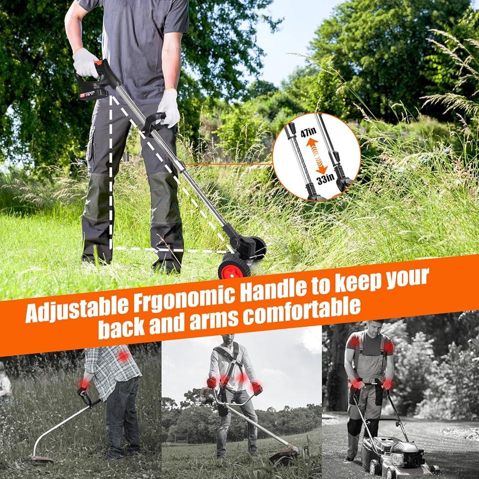 Stringless Weed Wacker Electric Weed Wacker Cordless with Wheels, 2pcs Batteries&4 Types Blades,Lightweight, 21V