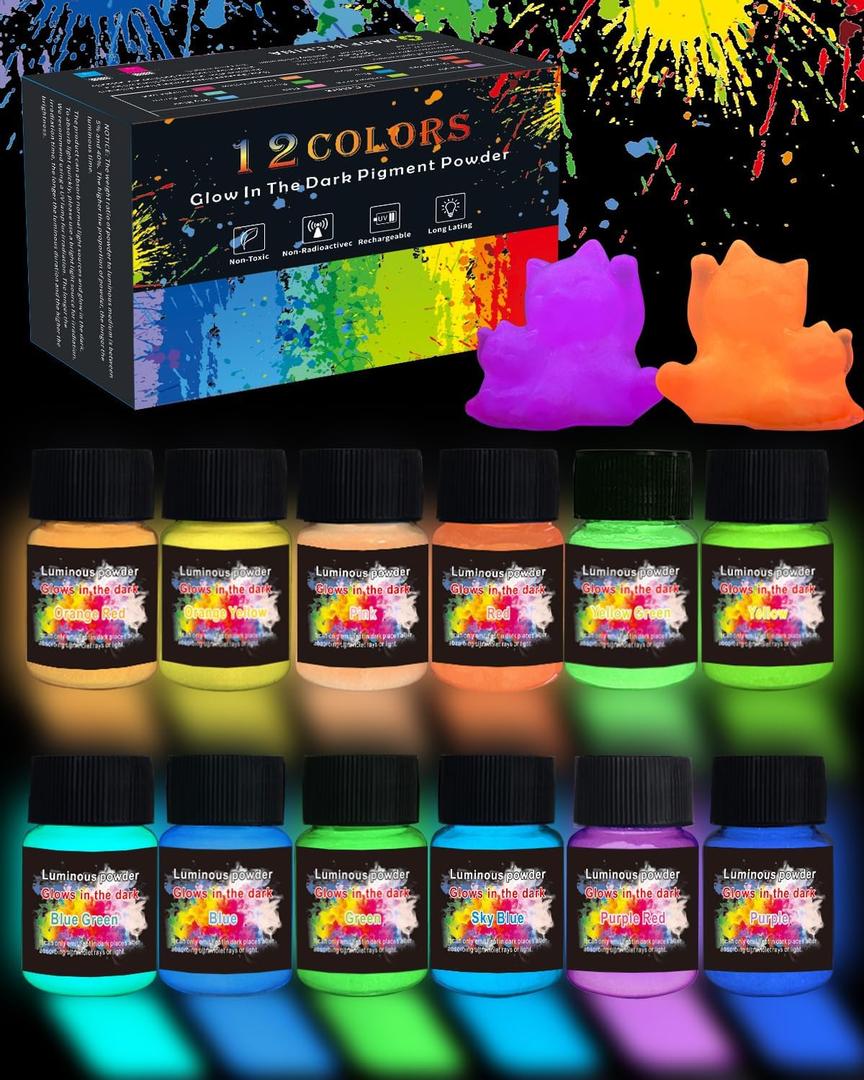 Glow in The Dark Pigment Powder 12 Colors, Epoxy Resin Dye Luminous Pigments 20g/0.71oz Each Bottle for DIY, Crafts, Nail Art, Acrylic Paint, Halloween or Christmas Decoration