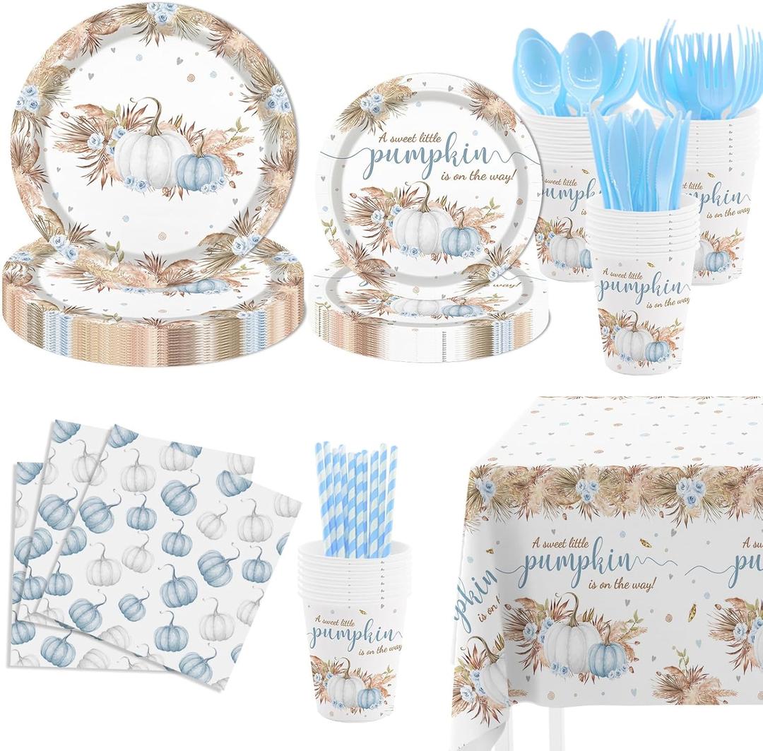 MEHOFOND Fall Pumpkin Baby Shower Decorations Boho Floral Little Pumpkin Party Supplies Blue Disposable Tableware Set 193 Pcs Plates Napkins Plastic Tablecloth for Boy Baby Shower Party