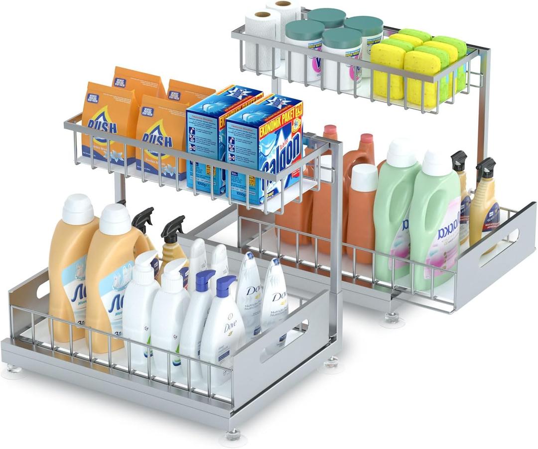 2 Pack Under Sink Organizer Storage 2-Tier Premium Metal Pull-Out Racks, Height Adjustable, Easy Installation | Kitchen & Bathroom Organizers (Grey)