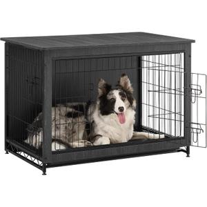 Feandrea 38.6" Dog Crate Furniture, Indoor Dog Cage Side End Table, XL Pet Wood Kennel for Large and Medium Dogs up to 70 lb with Multi-Purpose Removable Tray, Double-Door Pet House, Ink Black