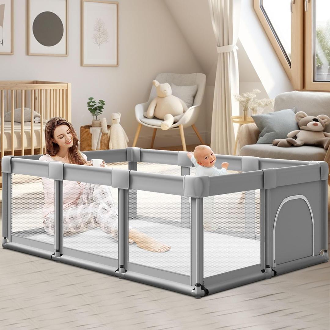 Baby Playpen 74 x 50 Inch Play Pen Playards, Playpen for Babies and Toddlers, Baby Playard for Indoor & Outdoor Active Center Game Fence, with Skin-Friendly Fabric and Soft Breathable Mesh Grey