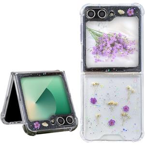 Abbery for Samsung Galaxy Z Flip 5/6/Z Flip 7 FE Case Cute Glitter Clear with Real Dried Pressed Flower Design-Purple Gypsophila Floral Girly Aesthetic Women Bling Sparkly Protective Shockproof Cover Purple Flower