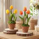 Spring Artificial Tulip Potted Plants Set of 2, 10.2 Inch Vintage Faux Yellow Tulips in Rustic Pot, Spring Table Centerpiece Arrangement for Desk Shelf Kitchen Dining Room Home Decor