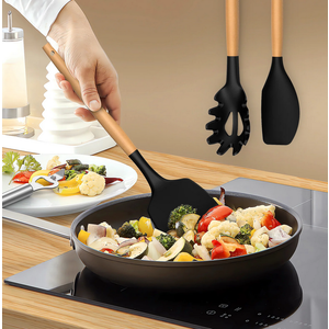 ilicone Kitchen Utensils Set, 12 pcs Non-Stick Cooking Tool with Wooden Handle, BPA Free Kitchen Utensils Spatula Set with Holder, Heat Resistant Kitchen Gadget