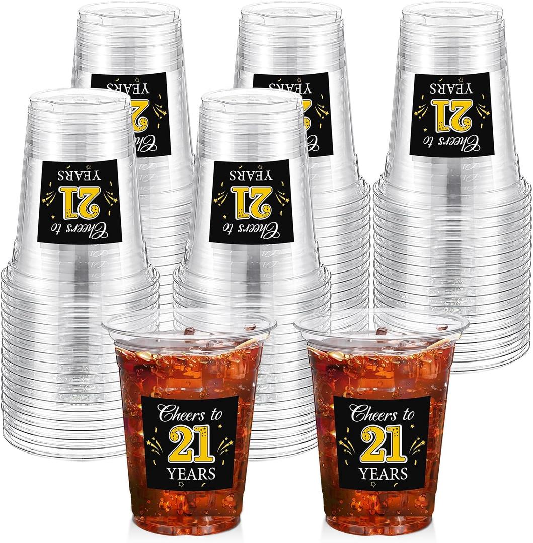 Funnymoom 60 Pack 21st Birthday Cup 12 oz Cheers to 21 Years Disposable Clear Plastic Cups for Men Women 21st Birthday Wedding Anniversary Party Decorations Favors