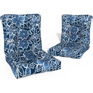 Outdoor Chair Cushions, Tufted Back Patio Furniture Cushions Set of 2, Water Repellent Wicker High Back Chair Cushion for Home Garden Lounge Deep Chairs, 42x21x4 Inch, Flower Navy