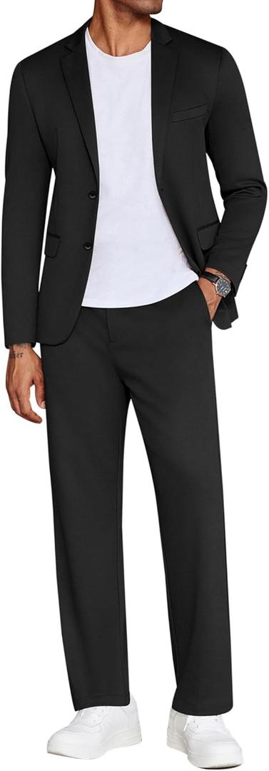 COOFANDY Men's Suits 2 Piece Slim Fit Suit Set 2 Button Lightweight Casual Knit Blazer Suit Jacket Pants (Black, XXL)