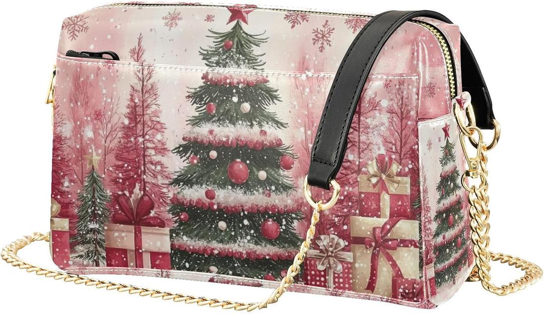 Crossbody Bag for Women Pinks Christmas Tree Snowflakes Vegan Leather Shoulder Handbag with Strap Crossover Sling Backpack Ladies Purse Fashion Satchel