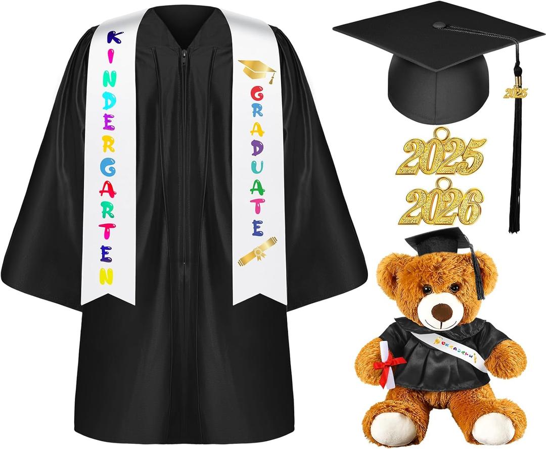 Sintuff 7 Pcs Kindergarten Graduation Gown Cap 2025 Preschool Graduation Accessories Stole Tassel Sash Charm Bear Gifts (30, Black)