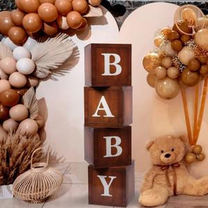 Baby Boxes with Letters for Baby Shower, 4pcs Grain Wood Balloon Boxes for Gender Reveal Birthday Wedding Teddy Bear Baby Shower Decorations (Wood)