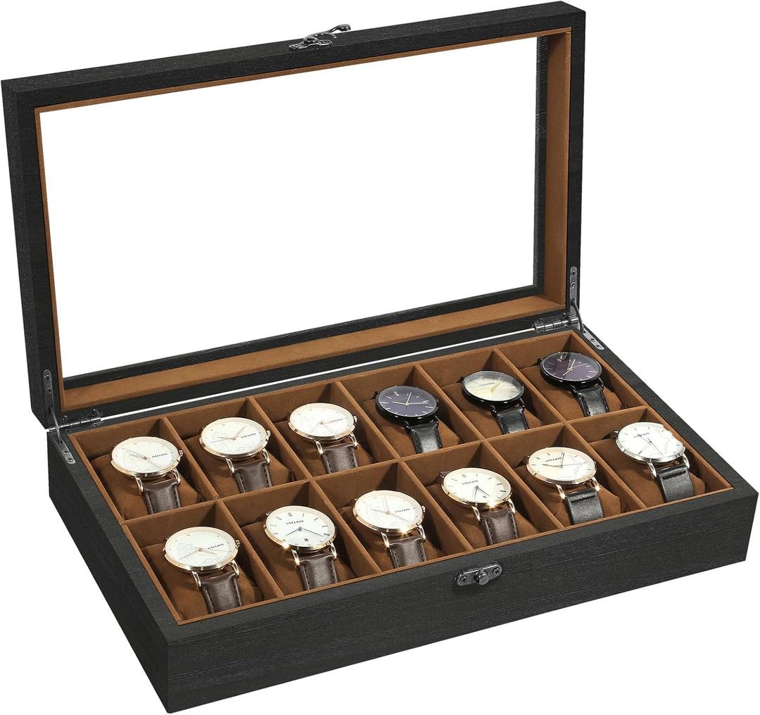 Uten Solid Wood Watch Box, 12 Slot Watch Case with Soft Pillow, Watch Display Case with Glass Lid, Watch Holder Organizer, Watch and Jewelry Storage, Gift Ideas