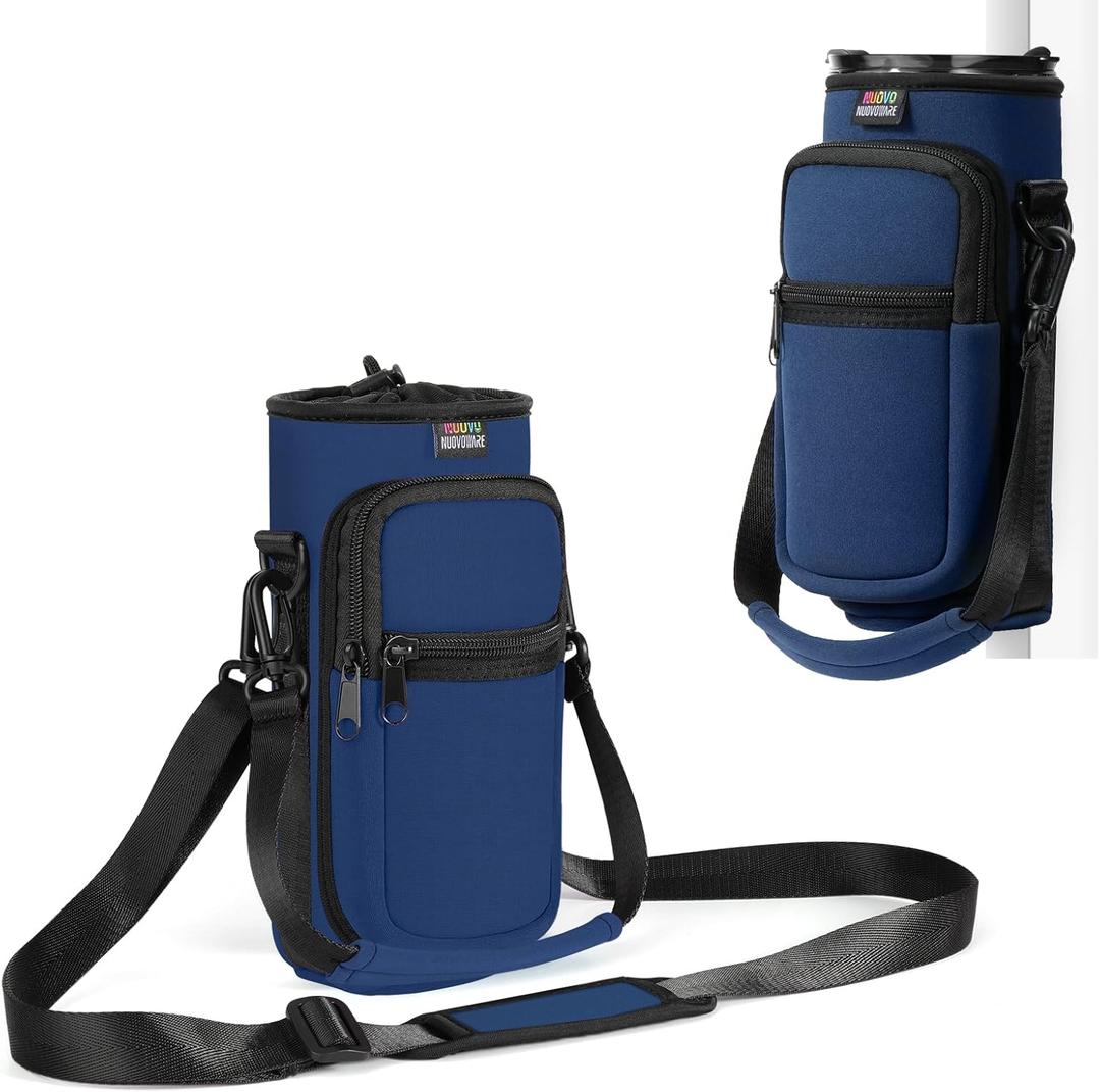 Nuovoware Water Bottle Carrier Bag,25oz/40oz/64oz Bottle Pouch Holder,Adjustable Shoulder Hand Strap 2 Pocket Sling Neoprene Sleeve Sports Accessories for Hiking Travelling Camping (Dark Blue/CiXi)