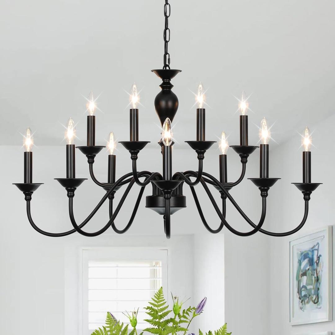 LIGHTDAMY Black Farmhouse Chandeliers for Dining Room Light Fixtures Over Table, 12 Light Industrial Candle Hanging Chandeliers for Living Room Kitchen Island Foyer Staircase, 12 Lights D37"