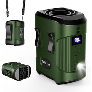 Portable Waist Fan 4000mAh Rechargeable, 3 Speeds Strong Turbo Airflow Hands-Free Clip Belt Fans With LED Flashlight, 24H Cooling Personal Wearable for Outdoor, Traveling, Camping, Gift for Men, Green