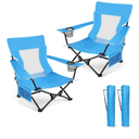 HaSteeL Folding Beach Chair Set of 2, Foldable Blue Camping Chairs for Outside, Low Beach Chair Portable for Adults Fishing, Picnic, Outdoor BBQ, Travel, Sports, Cup Holder & Storage Bag