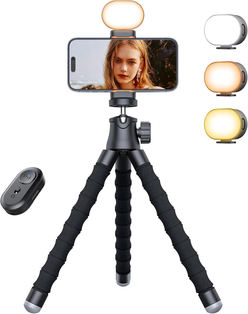 Phone Tripod with Light, Portable and Flexible Phone Stand for Video Recording with Wireless Remote, 360 Rotating Tabletop & Travel Tripods for iPhone, Smartphones, Camera