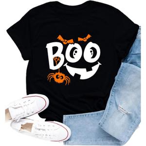 Women Halloween Shirts Spooky Boo Pumpkin Face T-Shirt Trick or Treat Party Short Sleeve (Black, XL)