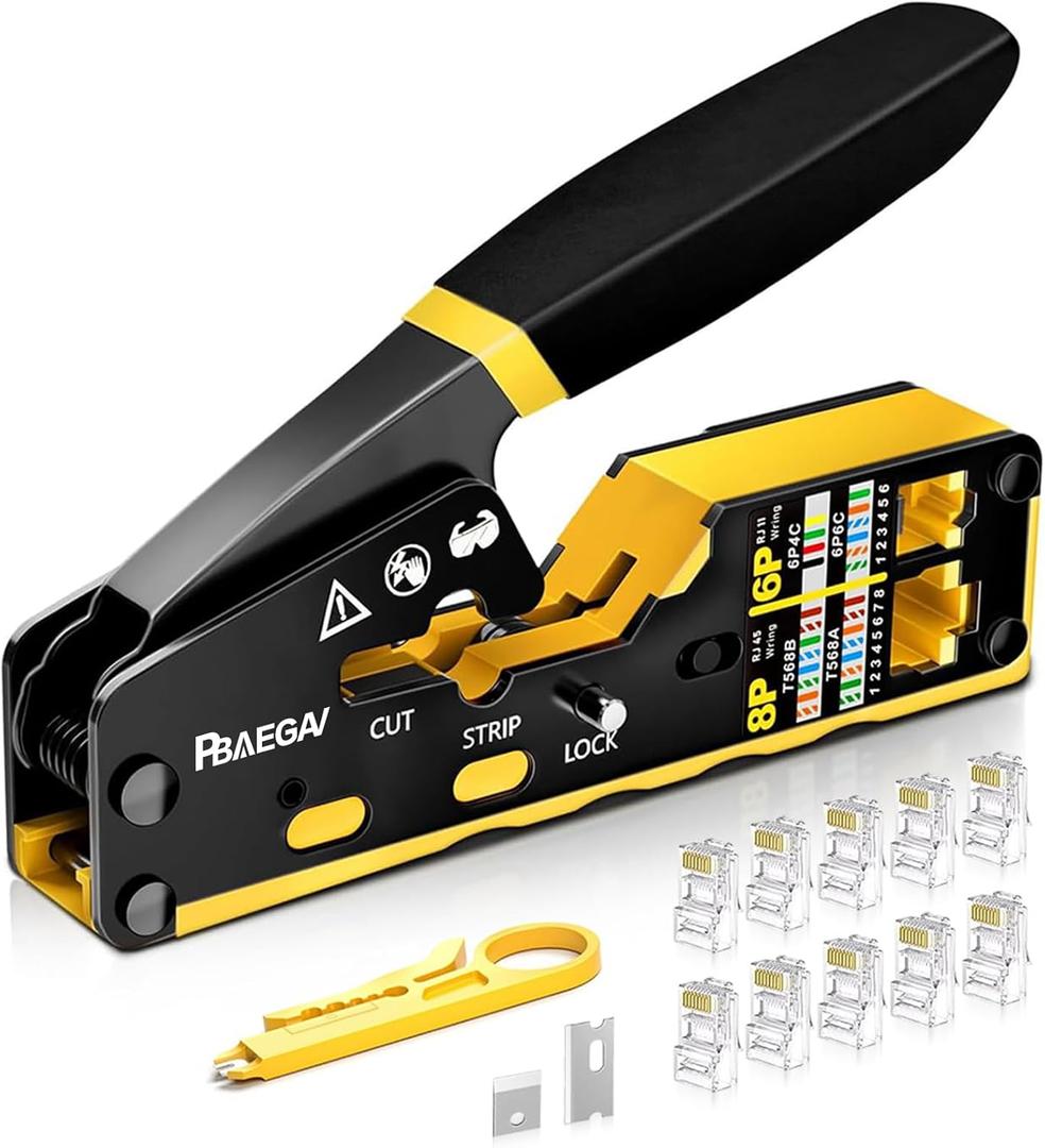 RJ45 Crimp Tool Pass Through Crimper RJ45 Crimping Tool Stripper Cutter Crimper for 8P RJ45 Cat5 Cat5e Cat6 6P RJ11/12 Telephone Connectors Network Enthernet Crimper kit (1)
