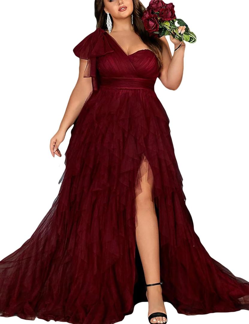 Women's Plus Size Wedding Guest Long Dress One Shoulder Summer Maxi Elegant Evening Party Cocktail Gown for Bridesmaid Prom Wine Red XL