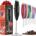 Powerful Handheld Milk Frother, Mini Milk Frother Wand, Battery Operated Stainless Steel Drink Mixer - Milk Frother Stand for Milk Coffee, Lattes, Cappuccino, Frappe, Matcha, Hot Chocolate. Great Gift (Black)