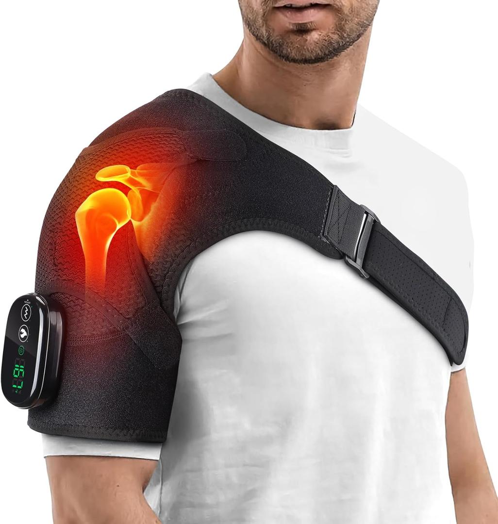Cordless Shoulder Heating Pad, Heated Shoulder Wrap with Massage, Heated Shoulder Brace, Shoulder Massager for Pain Relief Deep Tissue (Black)