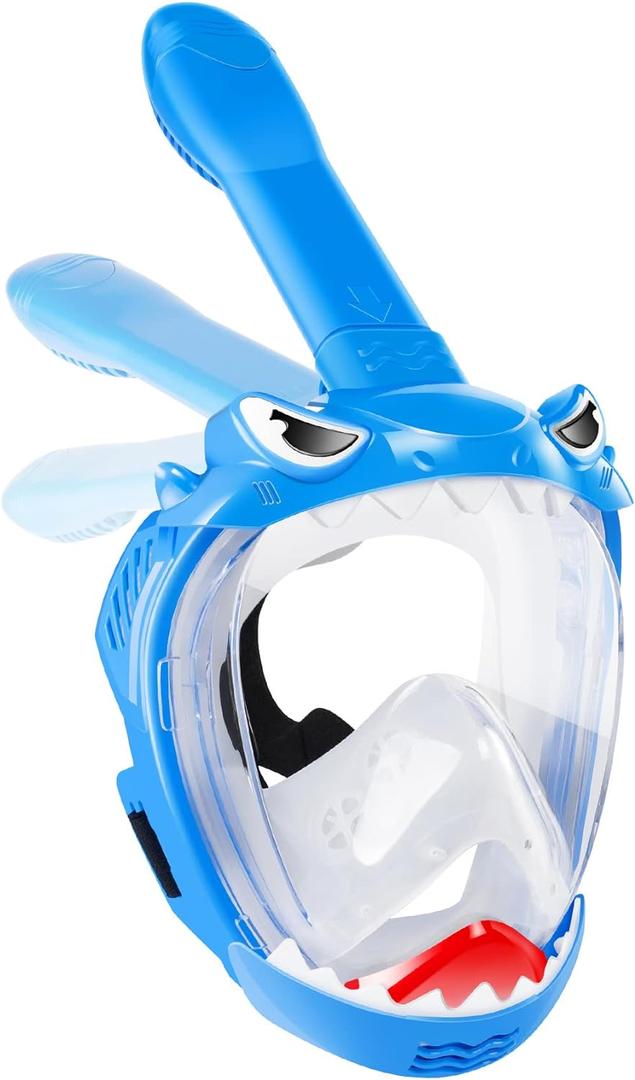 Full Face Snorkel Mask for Kids with 180 Panoramic View, Snorkeling Set Featuring Anti-Leak and Anti-Fog Foldable Dry Top Design for Safe Underwater Adventures Snorkeling Gear for Kids (Blue)