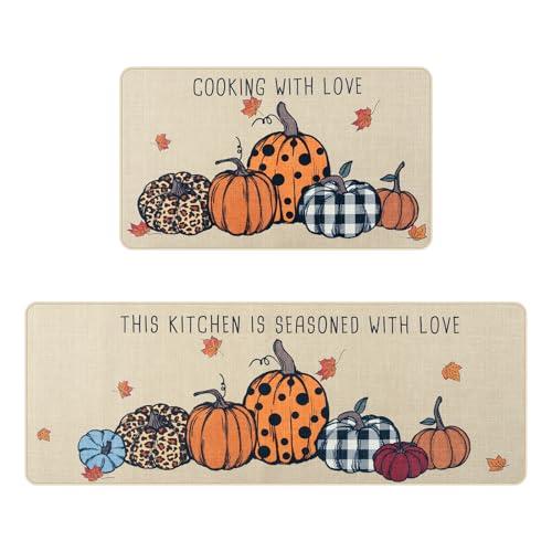 KIMODE Kitchen Rugs Non Slip Washable 17"x47"+17"x29", Fall Pumpkin Kitchen Rugs Sets of 2, Halloween Rugs for Kitchen Floor, Absorbent Kitchen Floor Mats for Sink Laundry Desk Beige Maple Leaf
