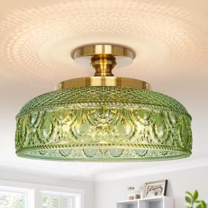 Lamomo Semi Flush Mount Ceiling Light, Upgraded Larger Green Hallway Light Fixture, 3-Bulb Globe Glass Close to Ceiling Scone, Indoor Hanging Light for Bedroom Kitchen Porch Hallway,Bulbs Not Included (12.2'')