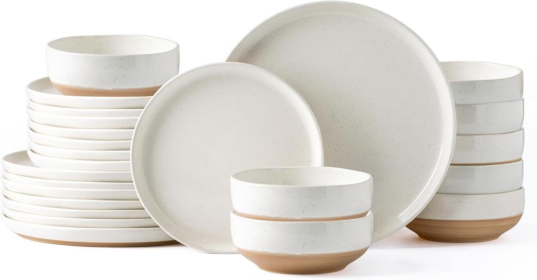 AmorArc Ceramic Dinnerware Sets for 8, 24 Pieces Handpainted Plates and Bowls Set with Rustic Terracotta Underside, Scratch Resistant Stoneware Dishes Set, Dishwasher & Microwave Safe, Light Beige (Service for 8)