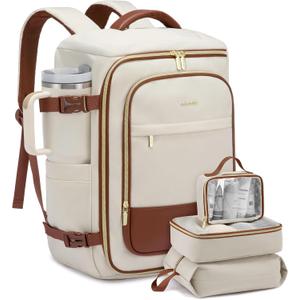 LOVEVOOK 40L Travel Backpack Carry on Flight Approved, Personal Item Bag with 3 Packing Cubes, Travel Backpack for Women Fits 17" Laptop, Water-resistant Carry On Bag for Airplanes (White & Brown)
