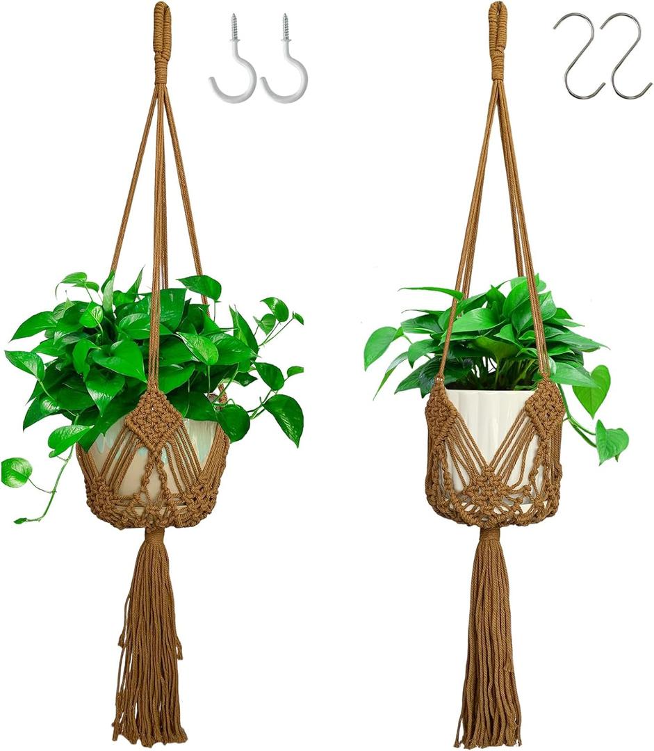 Hanging Planter with Patterns,2Pcs Macrame Plant Holder Rope with S Shaped Hooks,Indoor Macrame for up to 8 inch Pot Crochet,Boho Plant Hanger Holder for Indoor Outdoor (Coffee)