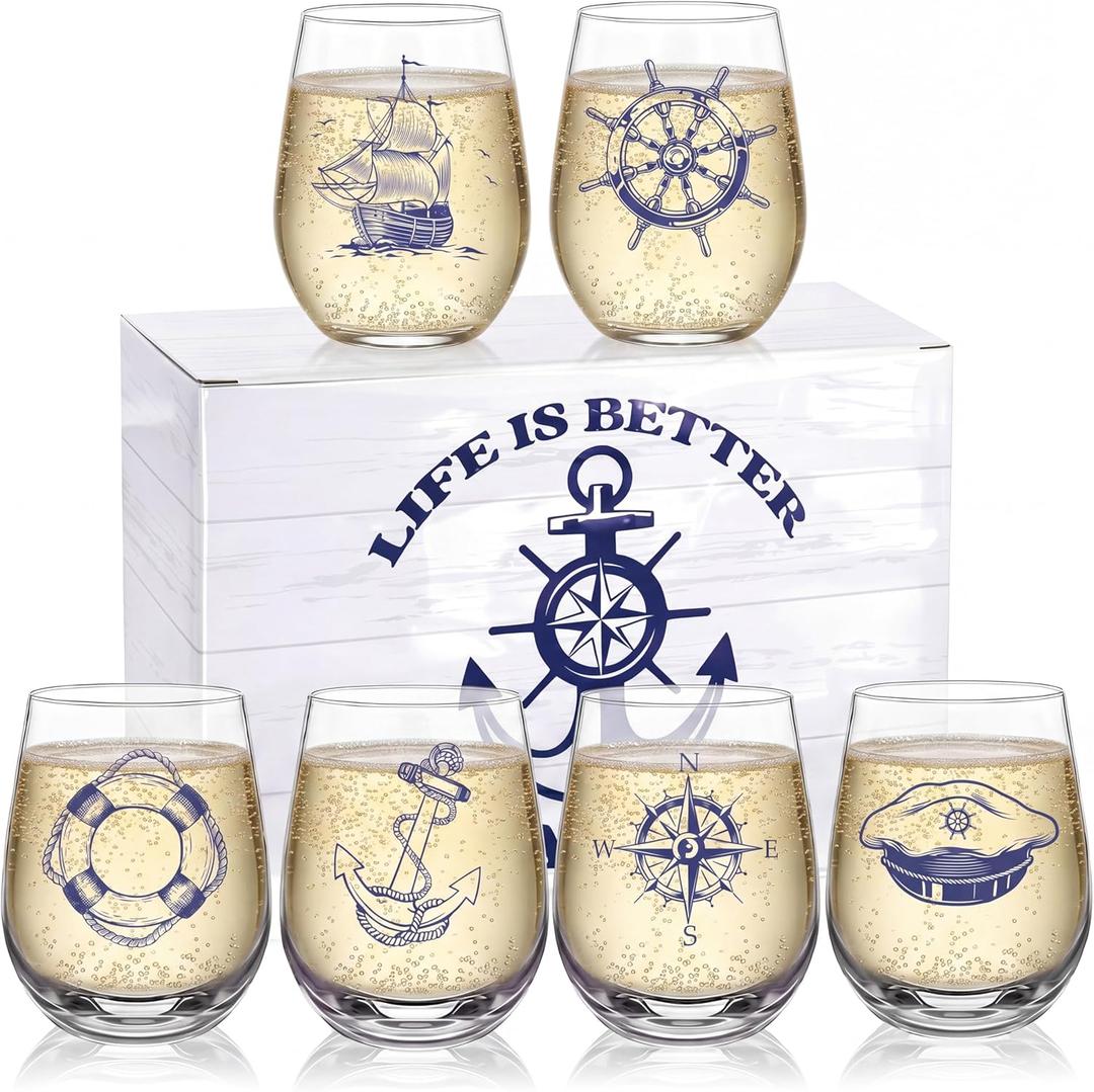 Remerry 7 Pcs Nautical Themed Stemless Wine Glasses with Gift Box Assortment Wine Glasses for Summer Party Favors Coastal Lovers Gifts Bulk for Women Men Birthday Fathers Day