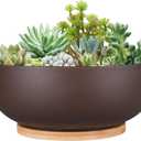 10 Inch Terracotta Planter, Large Succulent Bonsai Planter Pot with Drainage Hole and Bamboo Saucer for Indoor Plants, Brown