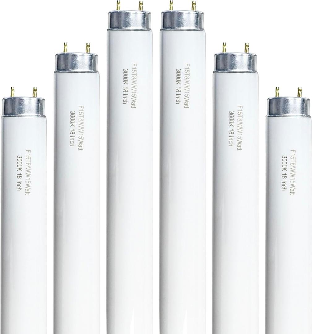 6 Pack, 18 Inch F15T8/WW 15W Soft White Fluorescent Bulb for All 15 Watt Light Fixture, T8 Fluorescent Bulb 15 Watt 3000K Warm White, 950 Lumens