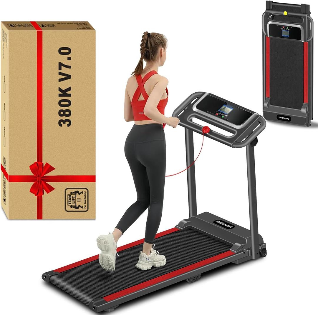 Portable Treadmill with Handle, 3.0HP Walking Pad Treadmill, Electric Compact Treadmills,Treadmills for Home Small Space with 12 Preset Programs, Walking Pad with Handle,300 LBS Capacity (Black Red)