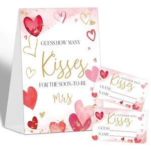 How Many Kisses Bridal Shower Game Wedding Shower Decorations, Guess How Many Baby Shower Game, 1 Standing Sign and 50 Guess How Many Cards for Birthday Baby Shower Wedding Party Decorations, 09