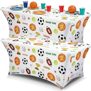 HunnmingRe 2 Pcs 6FT Sports Themed Spandex Tablecloth, Stretch Fitted Rectangle Table Cover with Leg Pockets, Soccer Basketball Baseball Football Print for Birthday Party Sports Game Decor