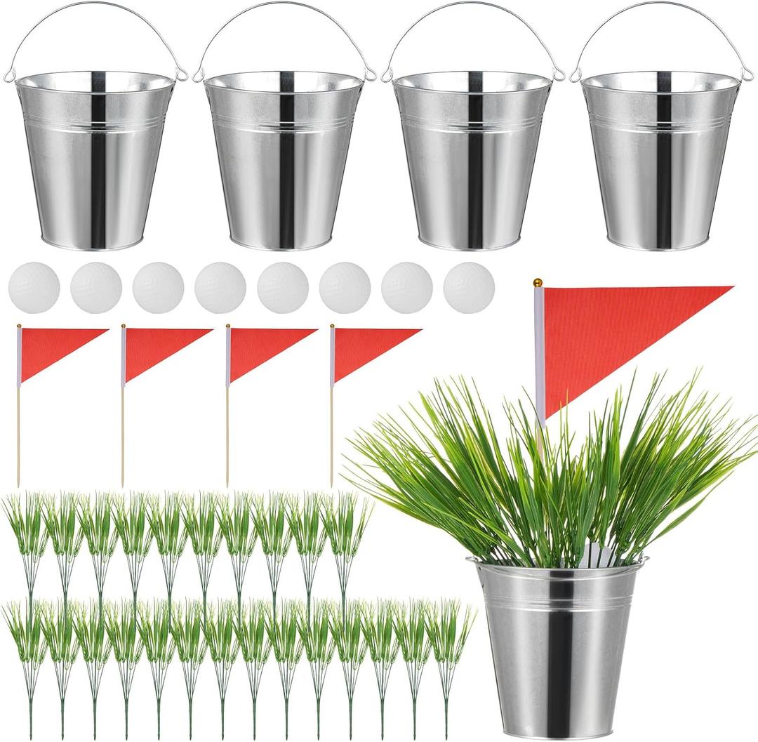 4 Sets Golf Party Table Centerpieces Decorations Includes Mini Golf Balls Iron Bucket Flags 24 Artificial Grass for Birthday Sport Themed Party Decorations