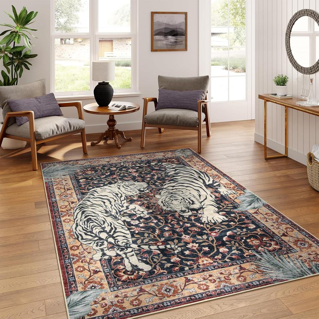 Moynesa Tiger Washable Area Rugs for Living Room, 5x7 Vintage Soft Rug for Bedroom, Non Slip Boho Ultra Thin Large Stain Resistant Throw Rug for Dining Guest Room, Puce Red