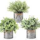 Mkono Small Fake Plants in Farmhouse Galvanized Metal Pots 3 Pack Potted Artificial Plant Eucalyptus for Laundry Room Bathroom Shelf Table Decor