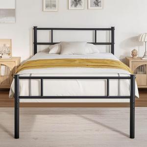 VECELO Twin Platform Bed Frame with Headboard and Footboard, 12'' Under-Bed Storage & Strong Metal Slats Support, No Box Spring Needed (Dark Black)