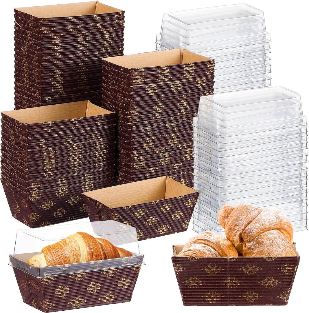 Sabary 100 Pcs 50 Pcs Paper Baking Loaf Pan with Lids Disposable Paper Pans Mold for Cake Bread Oven Loaf Bakery (3.15 x 1.57 x 1.57 Inches)