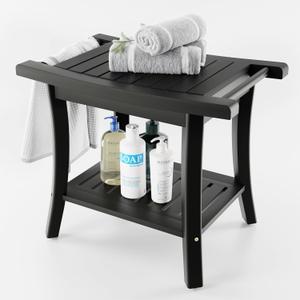 Tinamo Acacia Wooden Shower Bench Seat  Shower Stool for Inside Shower with Shelf  Bathroom Bench Chair Spa Shower Seat  Waterproof Shower Chair (22" x 13" x 18.6") (Black)