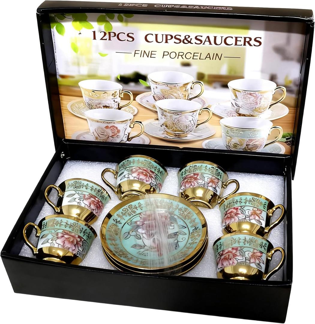 6 Sets 3 OZ Porcelain Coffee Cup and Saucers, Small Juice Cup & Saucer Pot with Gift Box, Uniform Creamer Milk Pull Flower Frothing Pitchers Ceramic Ware with Handle - Green